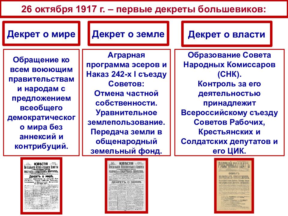26 октября 1917 г. – первые декреты большевиков: