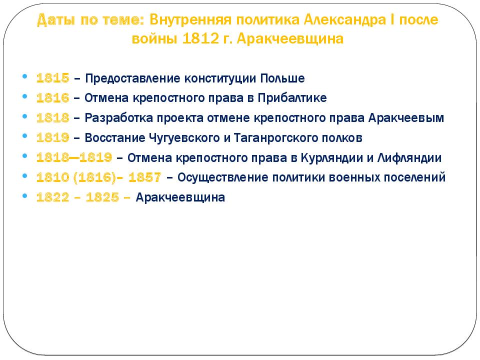 Даты по теме : Внутренняя политика Александра I после войны 1812 г. Аракчеевщина